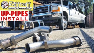 2001 F350 73  RiffRaff UpPipes Install  Stock up pipes leaking and falling apart JUNK SP [upl. by Amein]